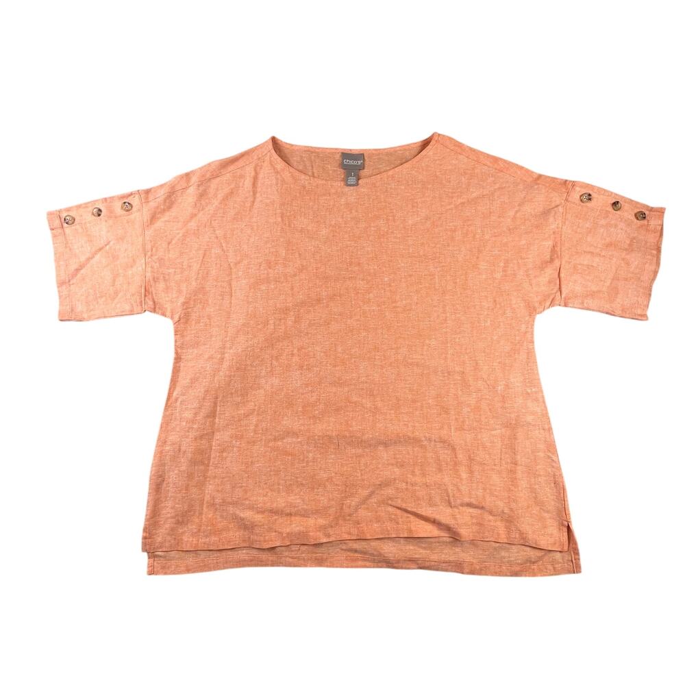 Chico's Orange Linen Blend Shirt 1 Small Button Trim Short Sleeve